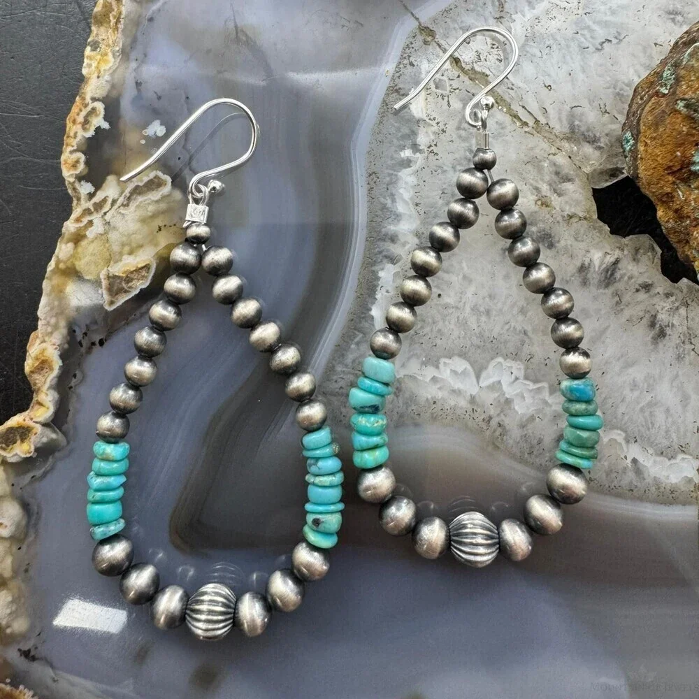 Sterling 4-6.5mm Navajo Pearl Southwester Style&4mm Turquoise Bead Hoop Earrings - Picture 1 of 10